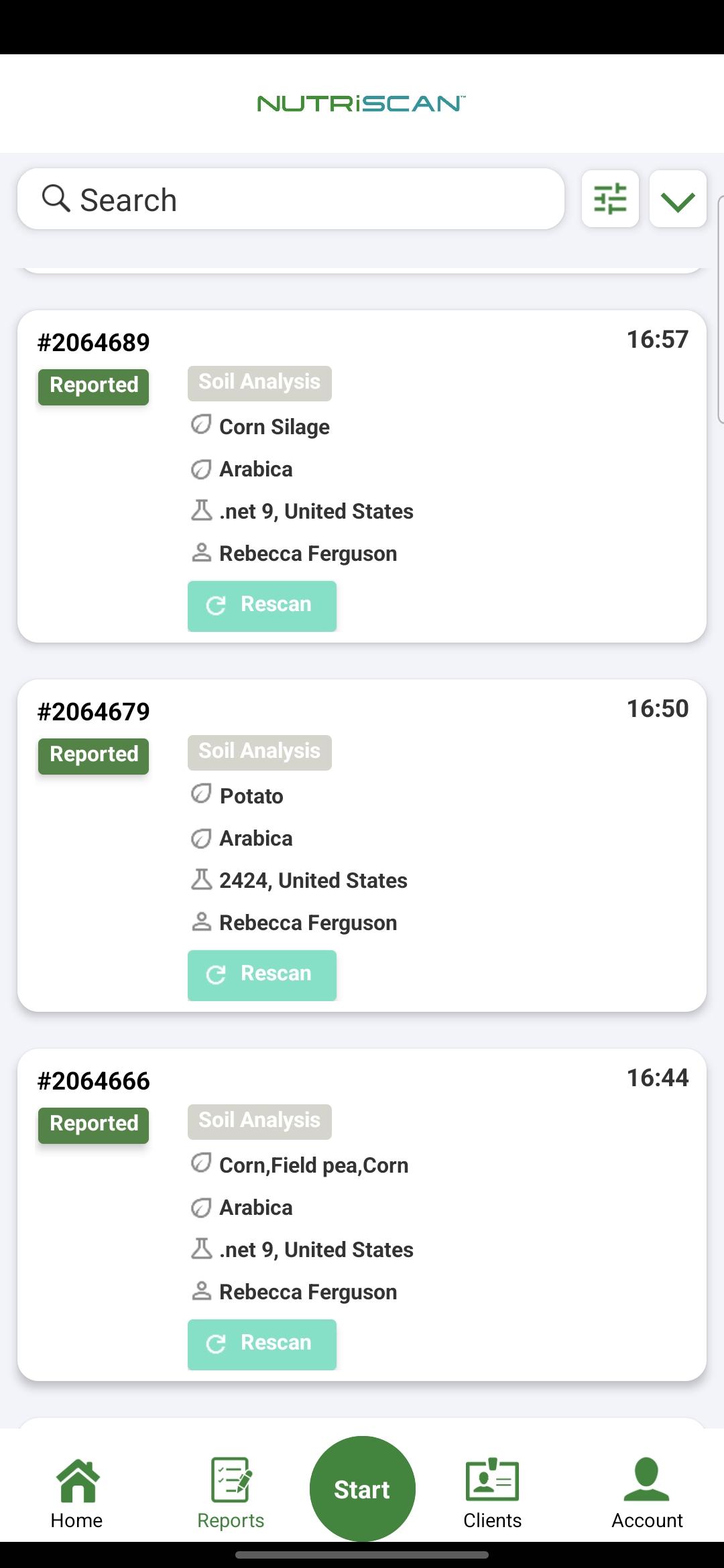 Reports page with filters and rescan