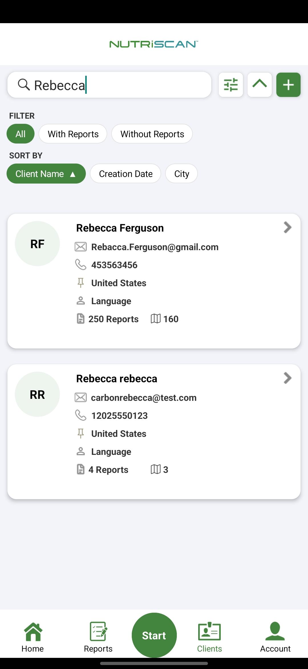 Clients page with filters and sort